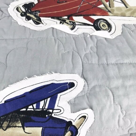 Twin Airplane Quilt Set 2PC Gray Applique Bedding Kids Aviation Cotton Sky Hawk - Picture 5 of 7